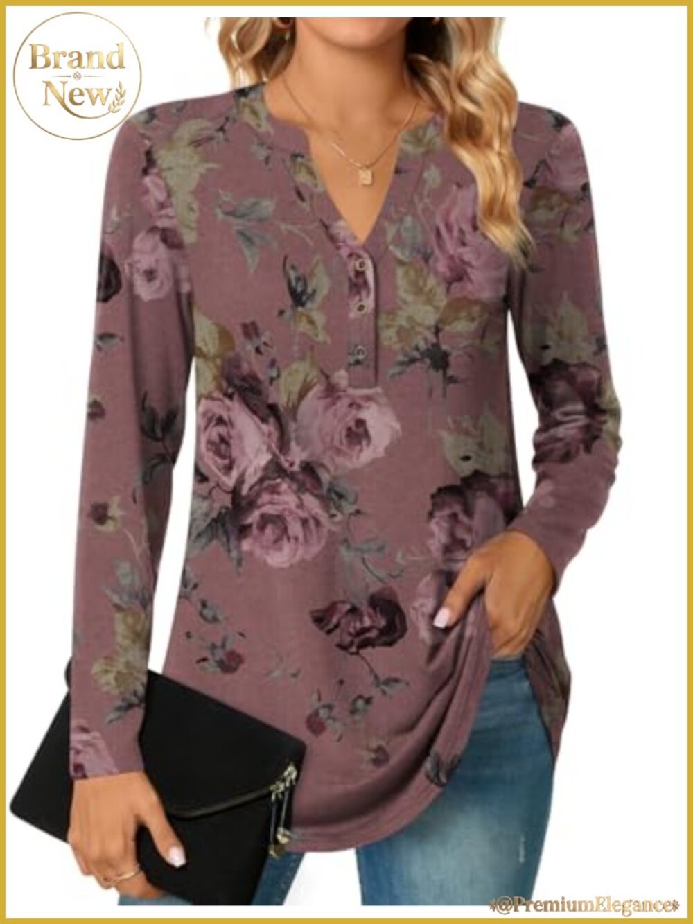 Long Sleeve Henley Tunic Top Soft Stretch Blouse Button Up